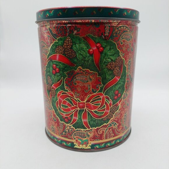 Christmas Tin Red Green Holly Paisley Ribbon Bow Floral Design 7" - Picture 2 of 10